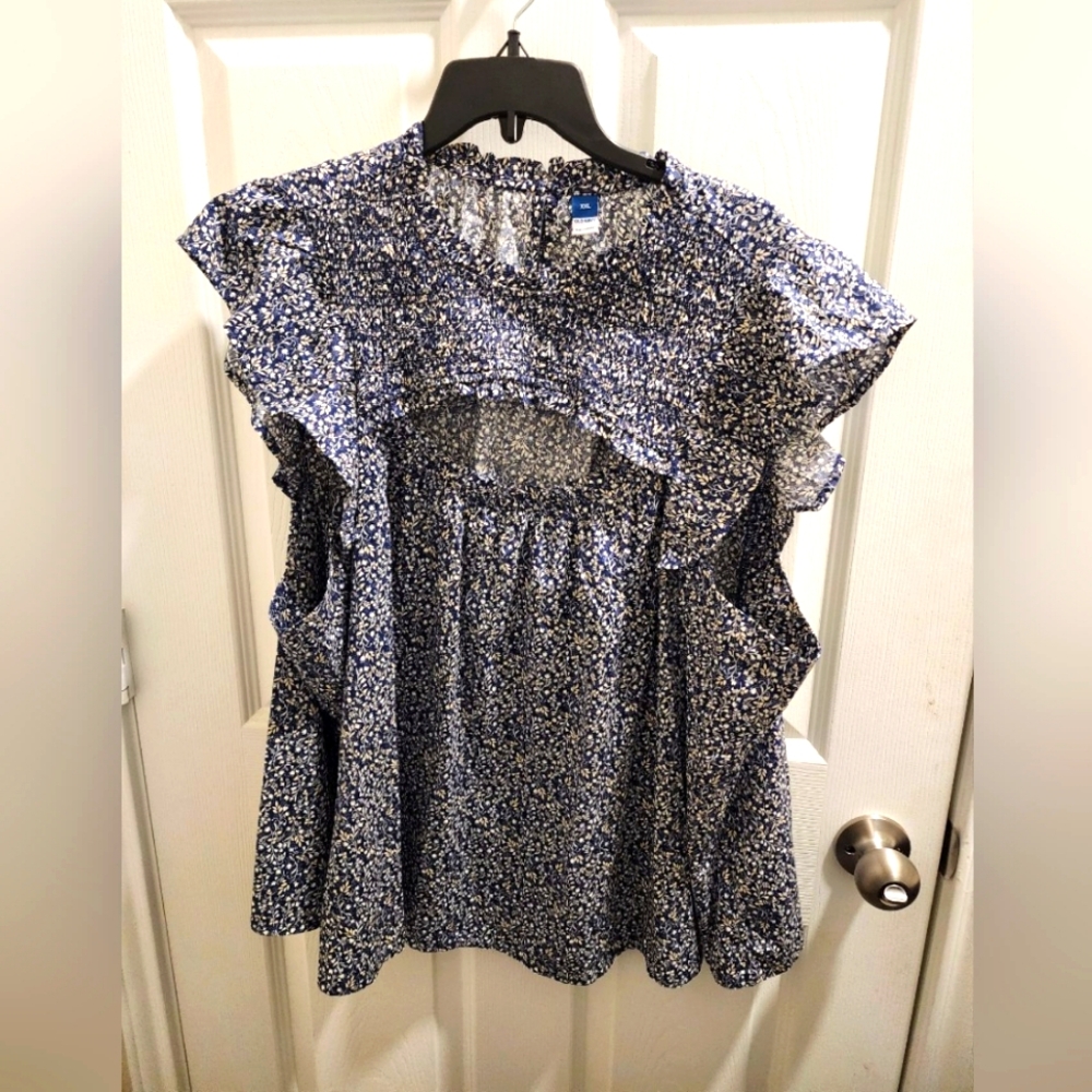 Old Navy Navy and White Ditsy Floral Ruffle Blouse